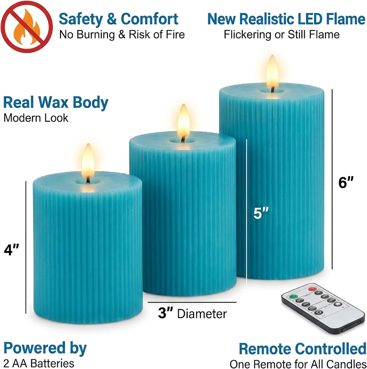 VENTA Turquoise Flameless Pillar Candles, Set of 3 (4" 5" 6") | Realistic Flickering Teal LED Candles with Remote &