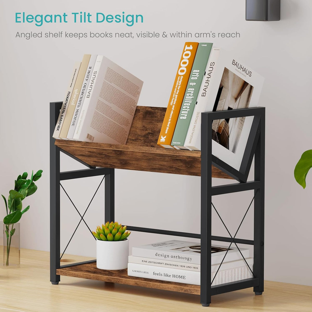ELITEROO Desktop Bookshelf, 2 Tier Desk Shelf Organizer, Wooden Tabletop Bookcase, Small Desk Top Book Rack for Office