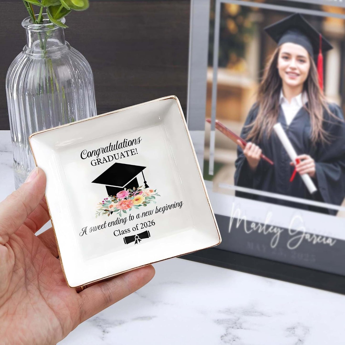Cap & Flowers Graduate 4" Ceramic Jewelry Dish / Graduation