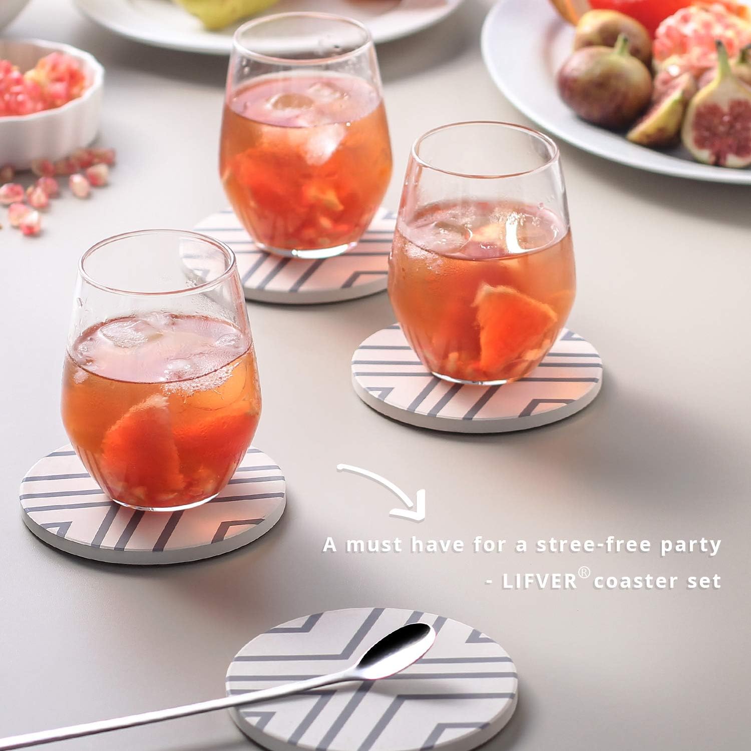 Holder / Ceramic Drink Coasters / Grey Line / 4 Inch / Set of 6