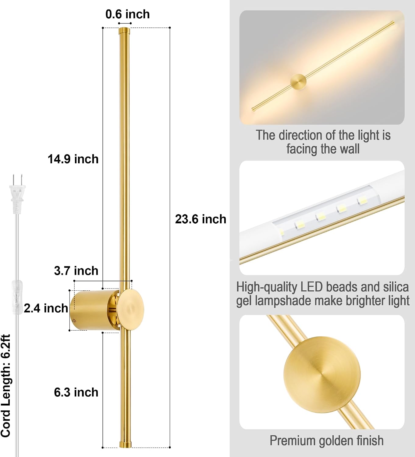 GOODATE Wall Sconces Set of Two with Remote, Stepless Colors 3000K-6500K & Stepless Dimming, Hardwire or Plug-in, 180°