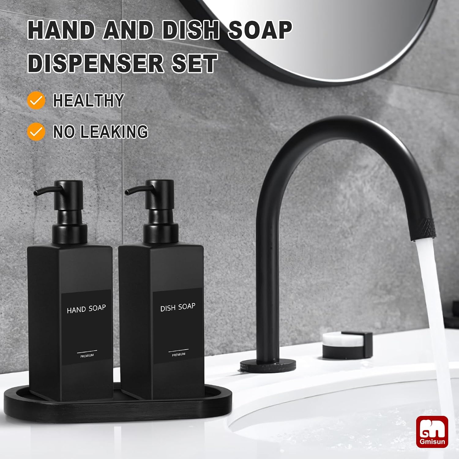 GMISUN Kitchen Soap Dispenser Set, Hand and Dish Soap Dispensers Set, Black Liquid Soap Dispenser with Tray, Refillable