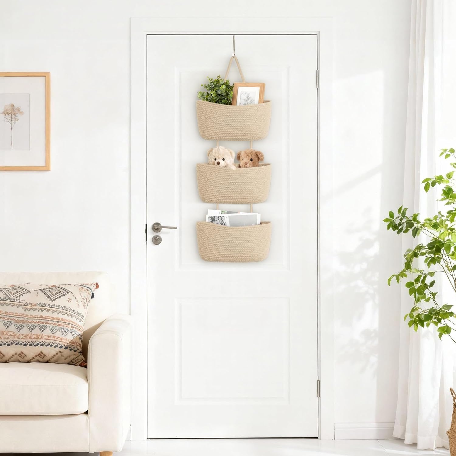 Over The Door Hanging Basket Woven Boho Wall Mounted Storage Organizer / Jute / 3-tier