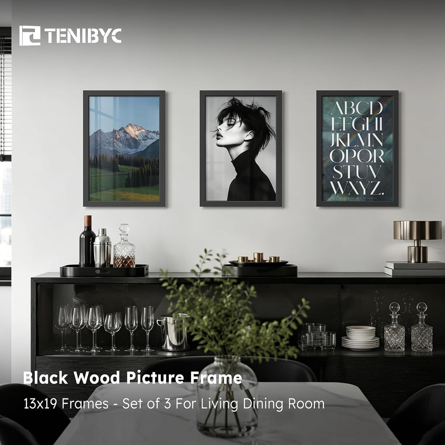 13x19 Picture Frame 3 Pack, Black Wood, Real Glass, Wall Hanging | Thick HD Tempered Glass, Large Poster Frame for Wall