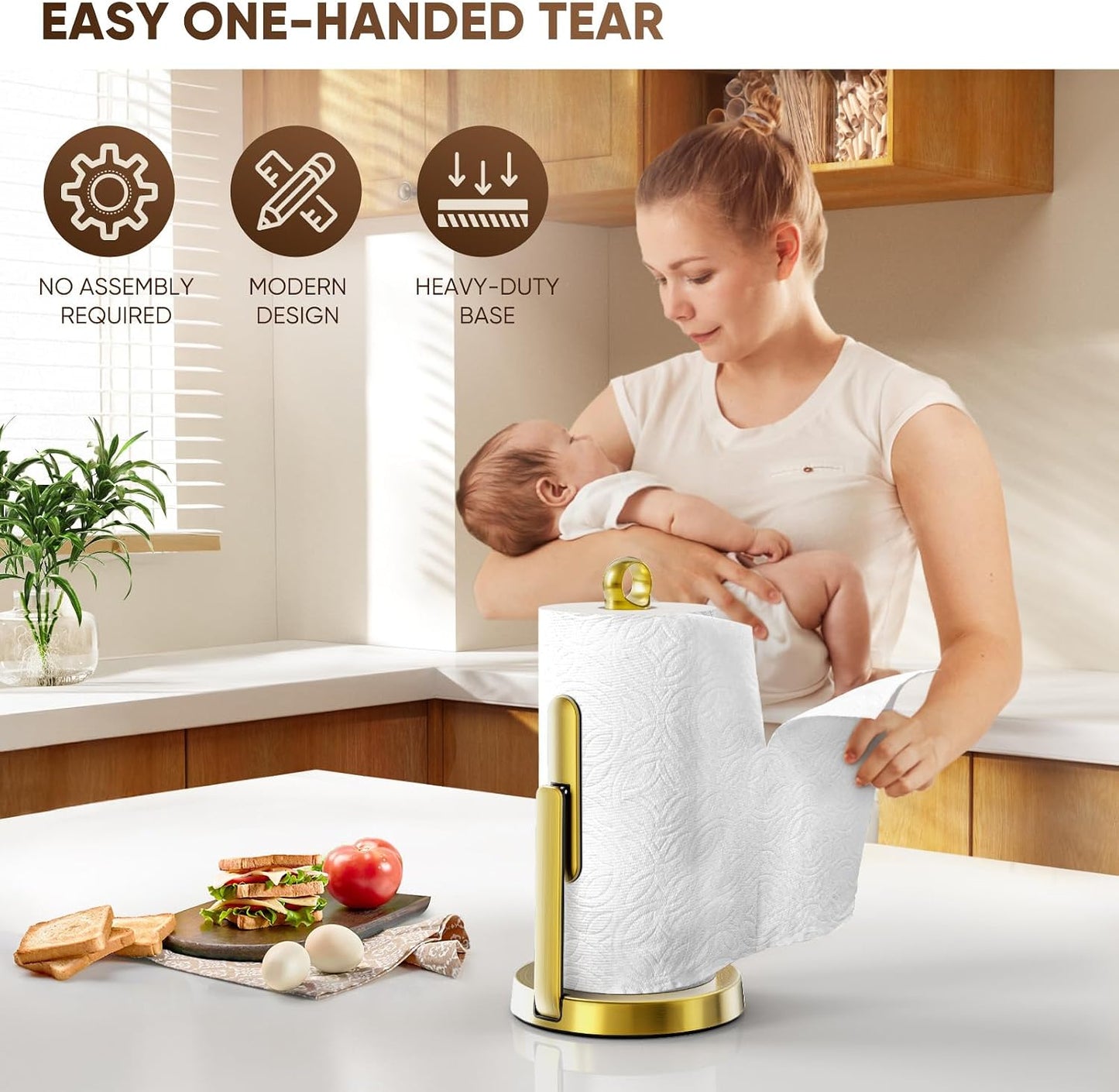 theaoo Heavy-Duty Paper Towel Holder with Tension Arm, Countertop(1, Gold) | Easy One-Handed Tear, Modern Stainless