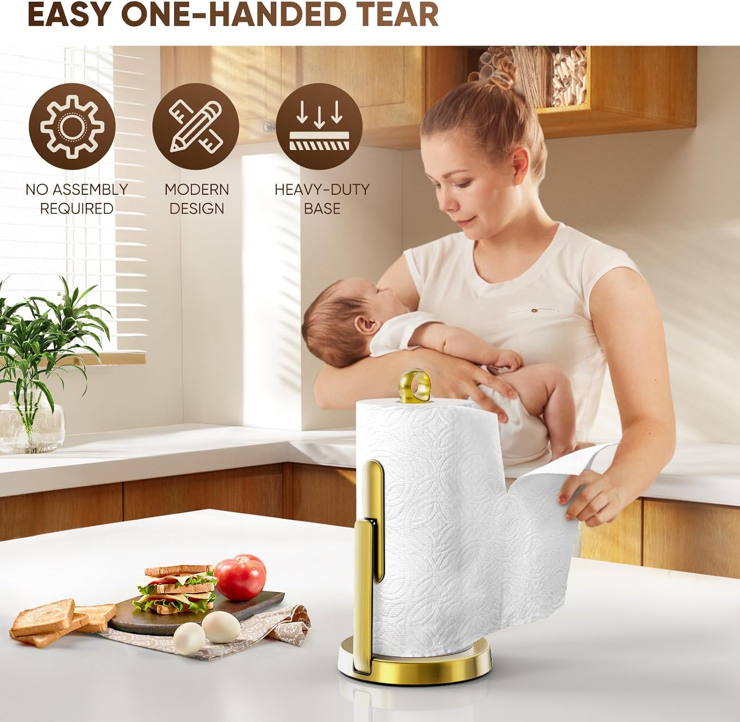 theaoo Heavy-Duty Paper Towel Holder with Tension Arm, Countertop(1, Gold) | Easy One-Handed Tear, Modern Stainless