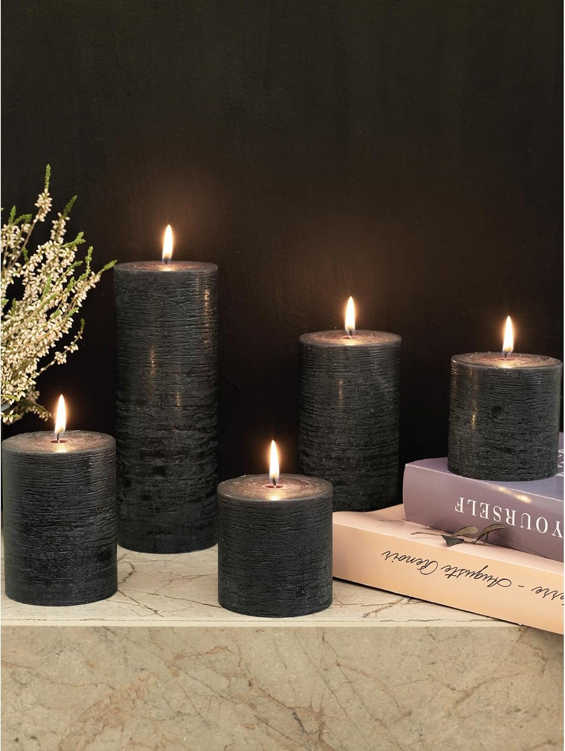 3x3 Pillar Candles Set of 3 - Rustic Unscented No Drip Black Candles for Halloween Decor, Parties, Gothic Décor