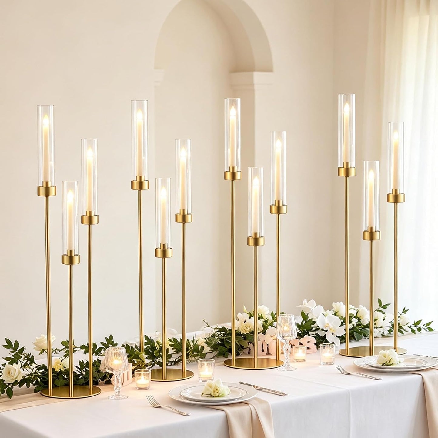 4PCS Gold 3-Arm Candelabra Centerpiece for Table 33.8in Metal | Candle Holder with Acrylic Lampshade,Fits LED Taper