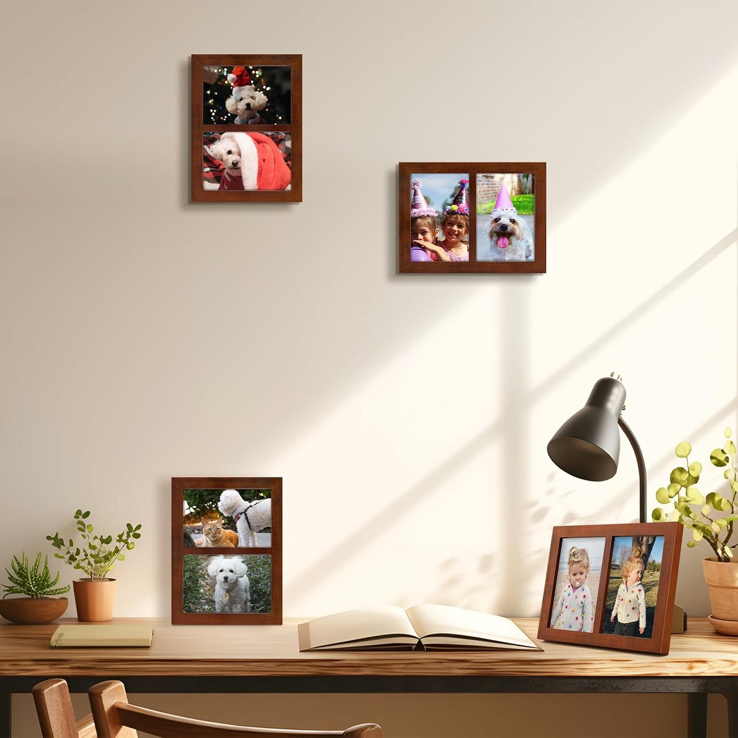 Golden State Art, 4x6 Double Picture Frame, Displays Two 4x6 Photos(Brown) | Solid Wood- Real Glass For Tabletop Or