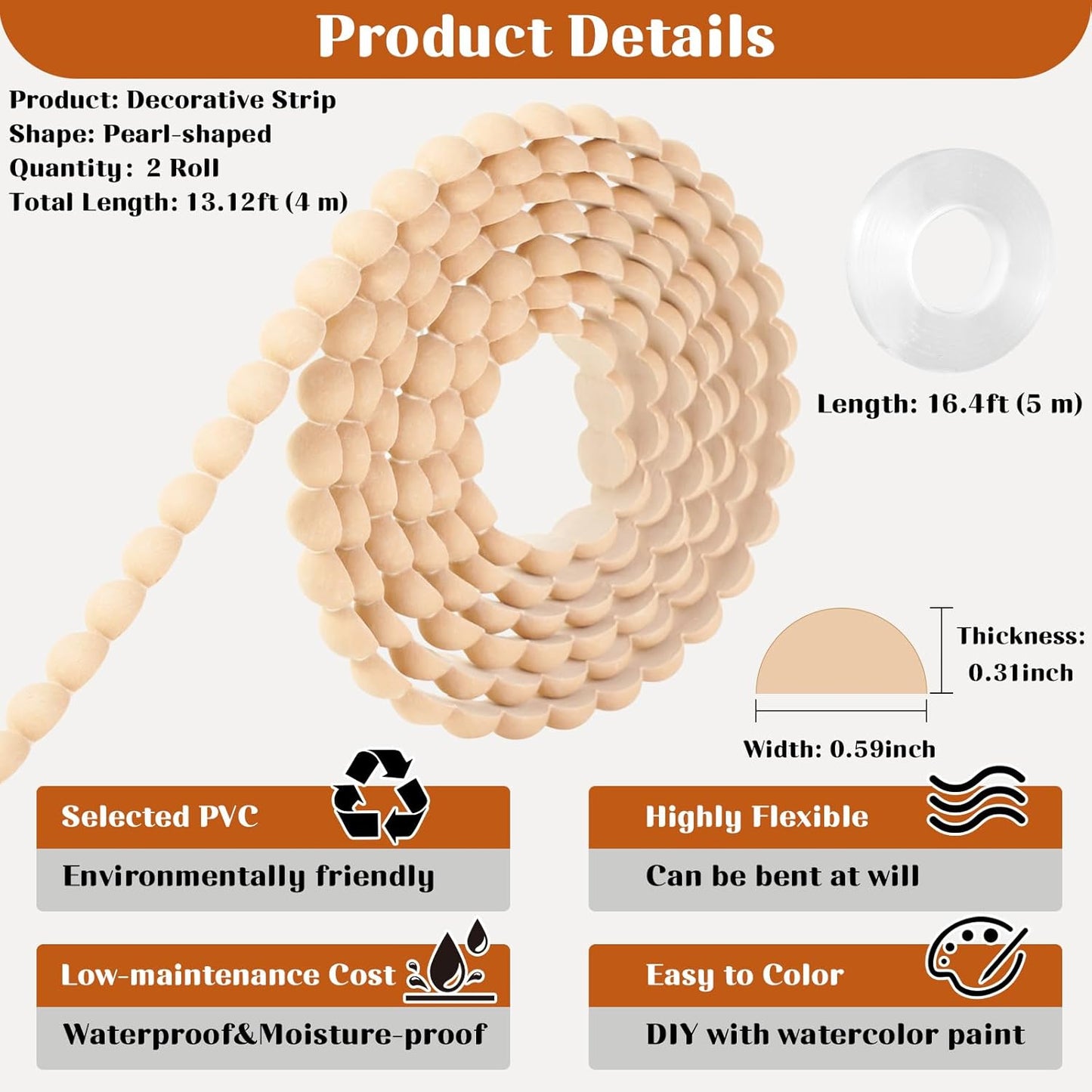 2 Rolls Flexible Molding Trim Peel and Stick- Color Wall Trim / Wood / 13 Inch