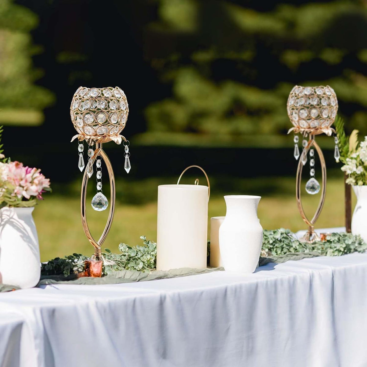 6 Pcs Gold Elegant Metal Crystal Tea Light Candle Holders with Crystal Pendants, Hollow Design - Wedding Table