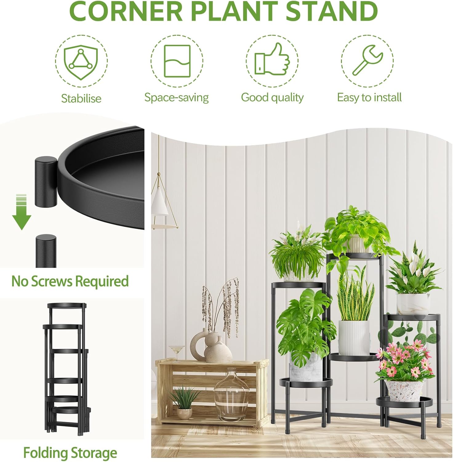 iDavosic.ly 6 Tier Large Plant Stand Indoor Outdoor, 10 In Wide Tray, Black | Tiered Metal Corner Heavy Duty Multiple