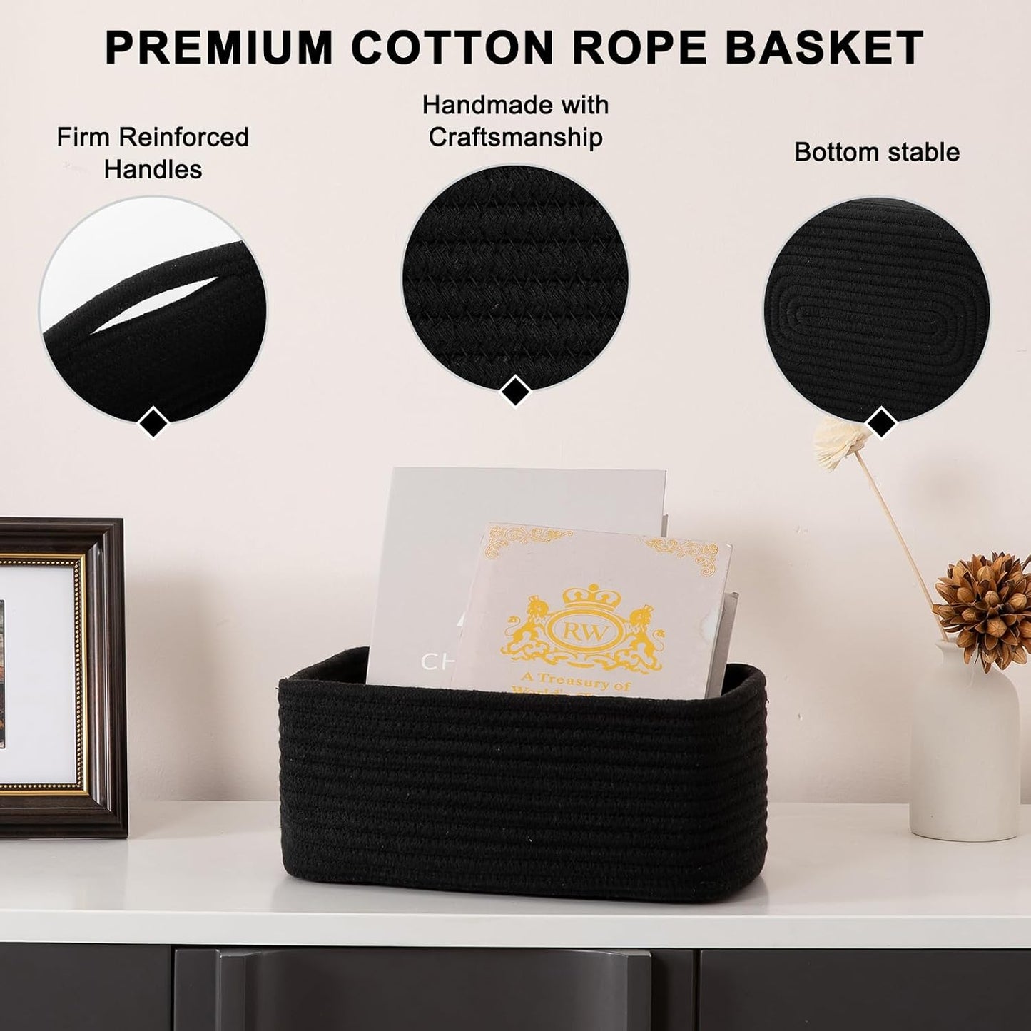 Mini Woven Rope Storage Bins for Towels / Black / 11.81''lx7.87''wx4.72''h / Set of 4