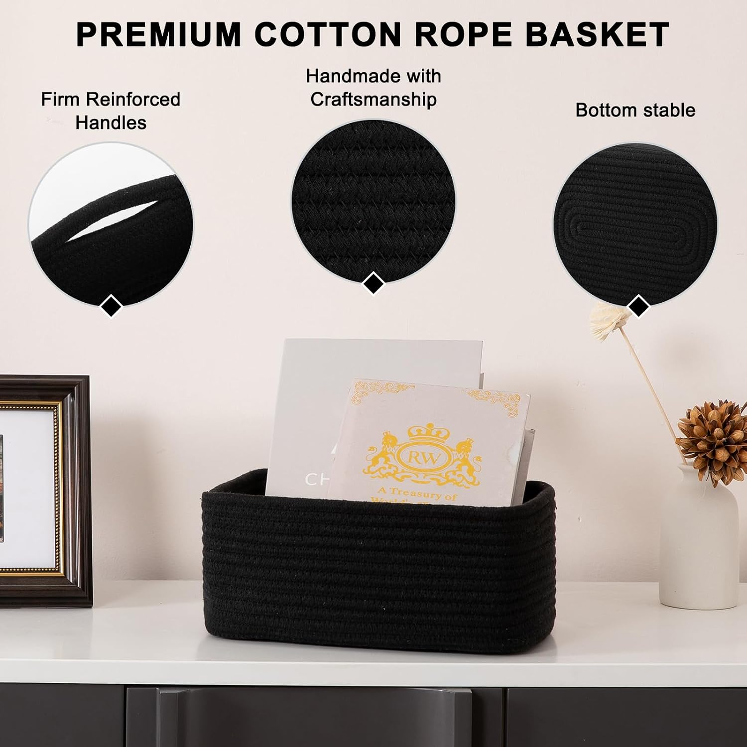 Mini Woven Rope Storage Bins for Towels / Black / 11.81''lx7.87''wx4.72''h / Set of 4