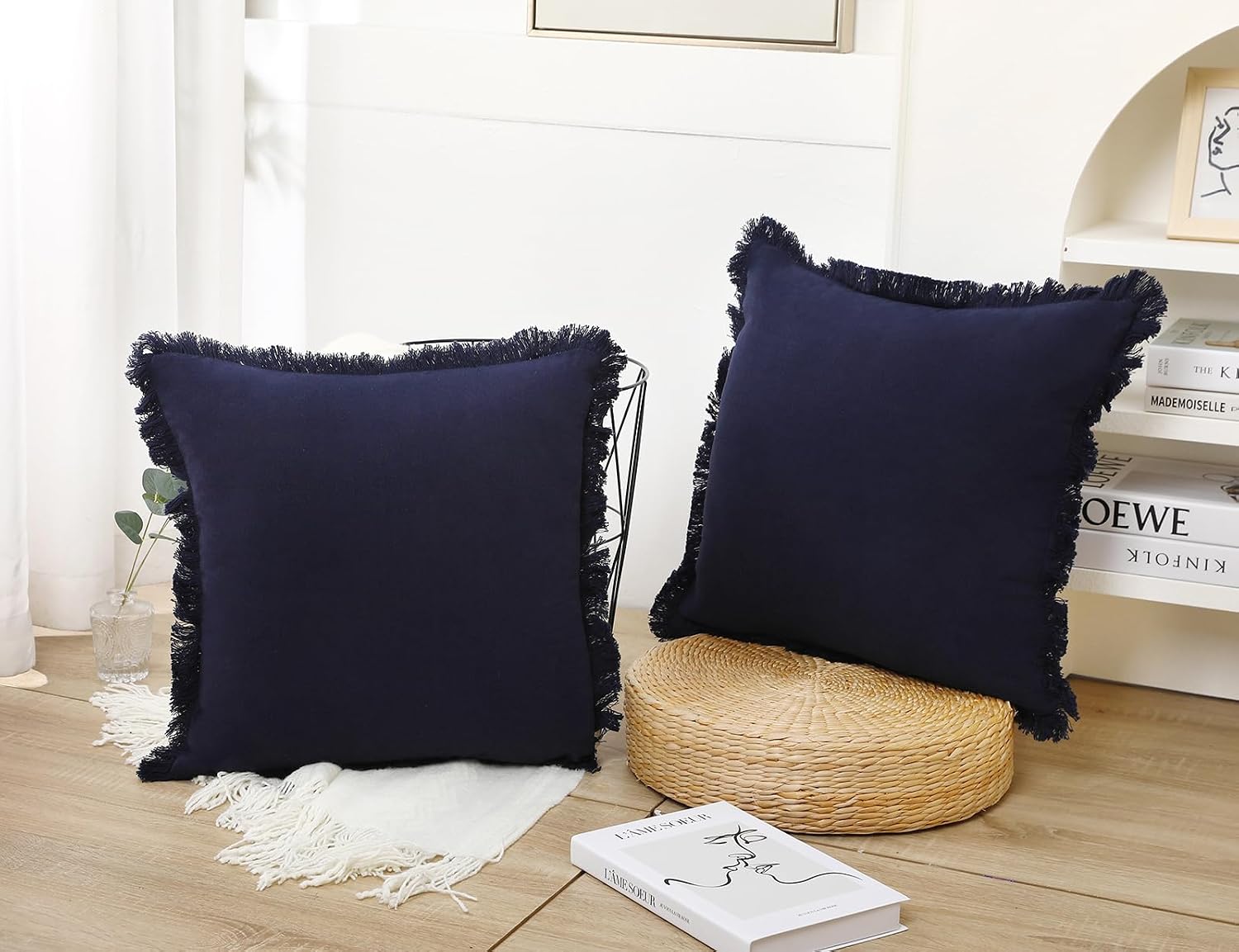 Natural Linen Fringed Throw Pillow Covers / Navy Blue / 18 x 18 / Set of 2