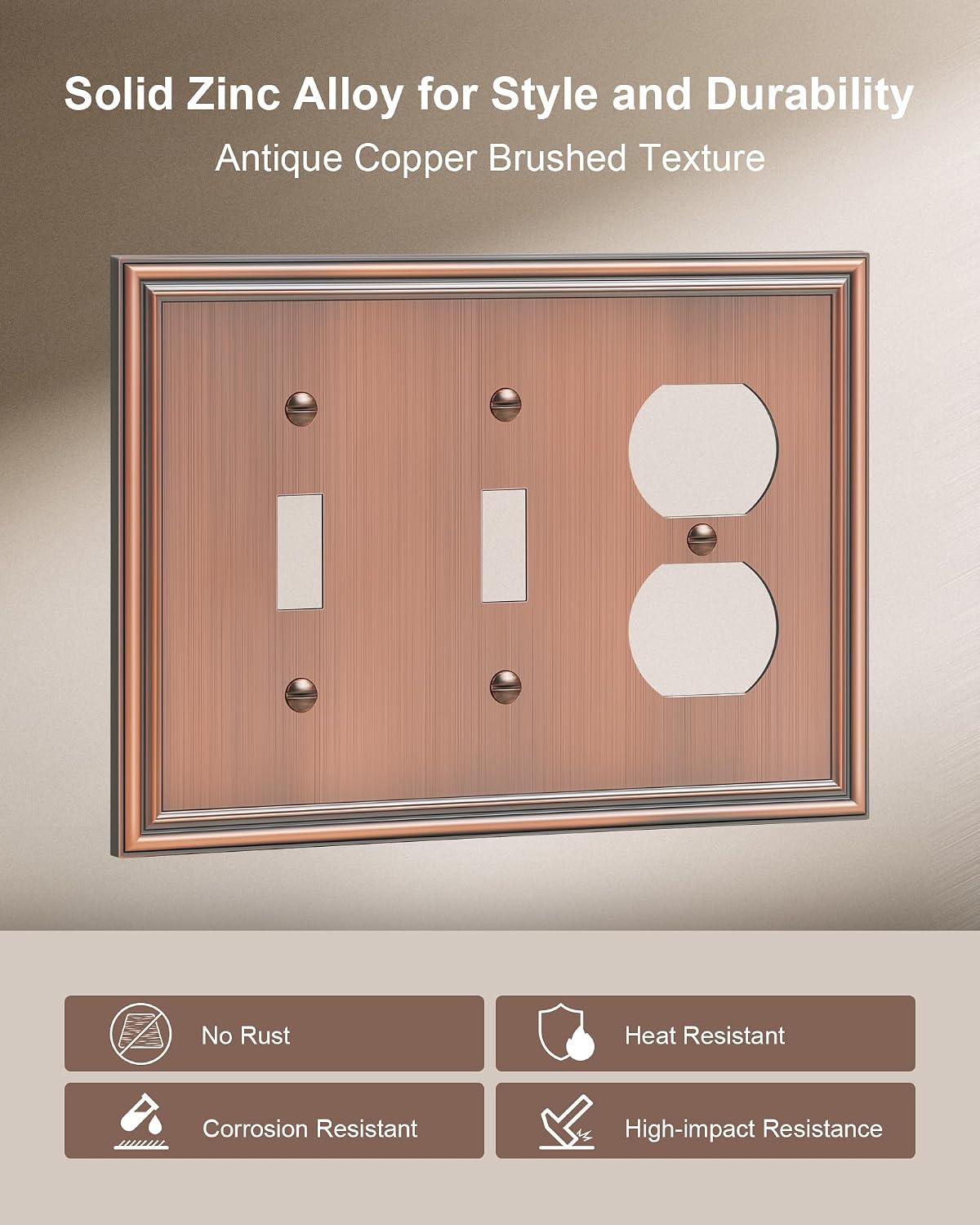 2-Pack Zinc Alloy Combo Double Toggle/Single Duplex Outlet Covers | Decorative Switch Plate Covers, Wall Plate for