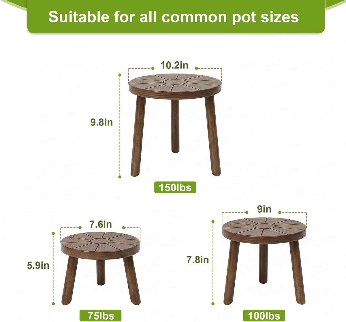 Wood Plant Stands 3-Pack Indoor, Plant Stool, Dark Brown | Premium carbonized pine with moisture-resistant, burr-free