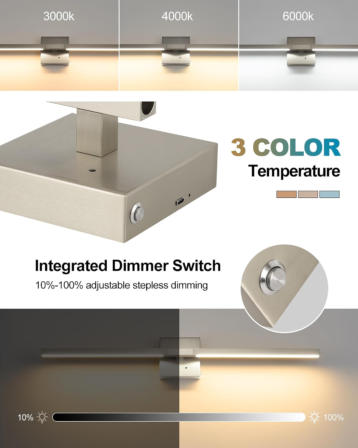 Rayogale Nickel Battery Operated Wall Sconce with Remote Control 32 Inch | 3000/4500/6000K Dimmable 8000mAh Wireless