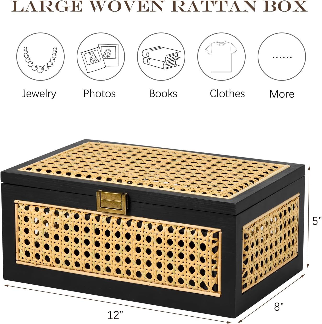 Lid Wooden Frame Boho Rustic Wicker Box Stacking / Large / Black