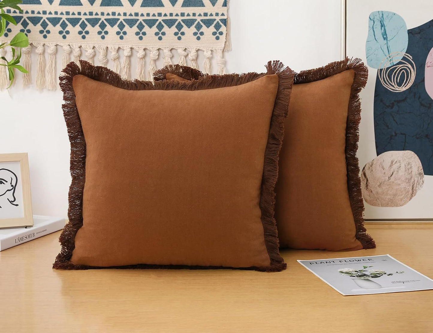 Natural Linen Fringed Throw Pillow Covers / Light Brown / 22 x 22 / Set of 2