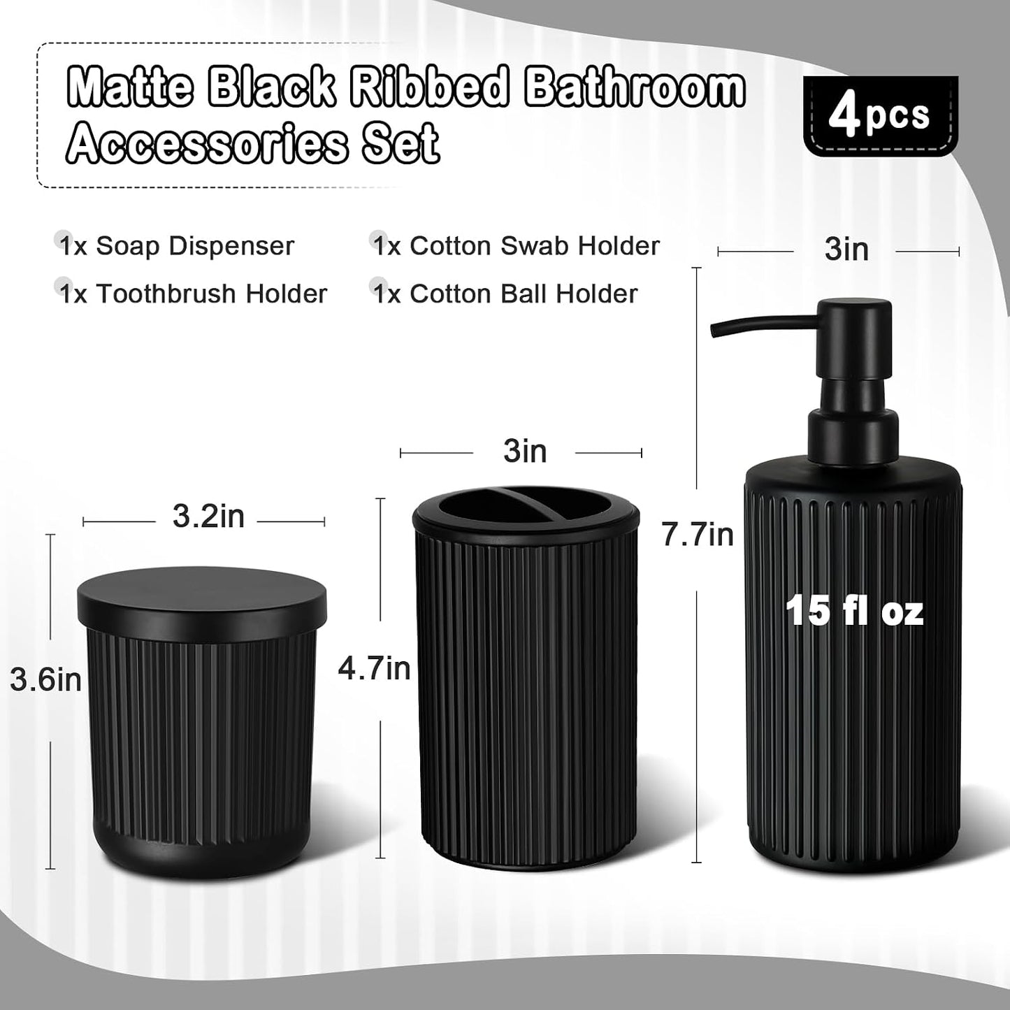 KASUNTING Matte Black Bathroom Accessories Set, 4 Pcs Glass Bathroom Accessory Set, Soap Dispenser, Toothbrush Holder