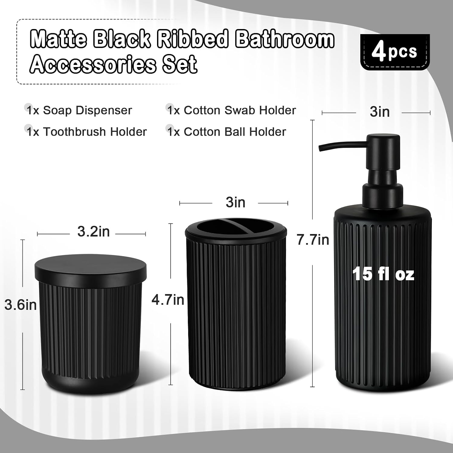 KASUNTING Matte Black Bathroom Accessories Set, 4 Pcs Glass Bathroom Accessory Set, Soap Dispenser, Toothbrush Holder