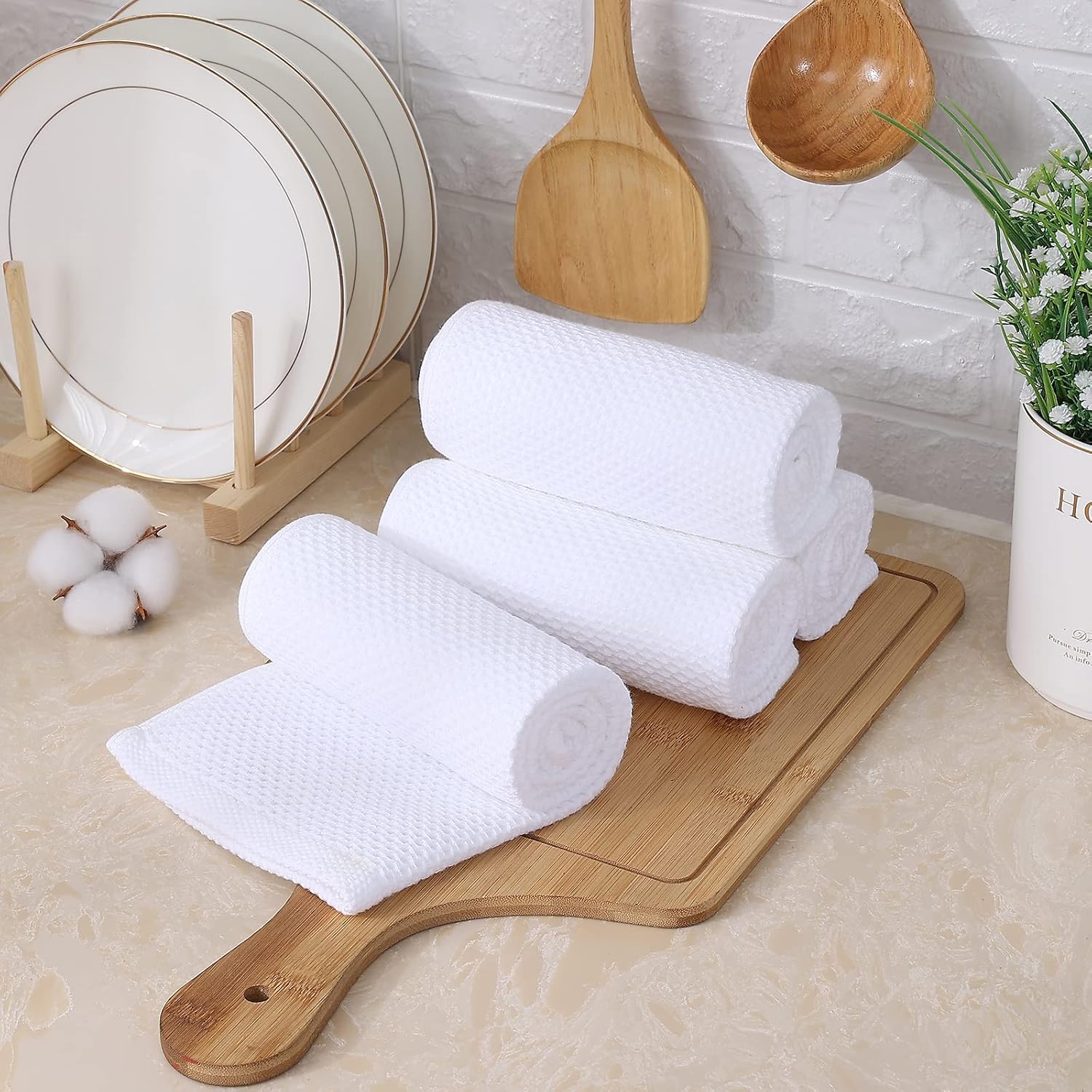 Kitinjoy 100% Cotton Waffle 8-Pack Kitchen Towels, 13" x 28", White | Super Soft, Ultra-Absorbent, Fast Drying
