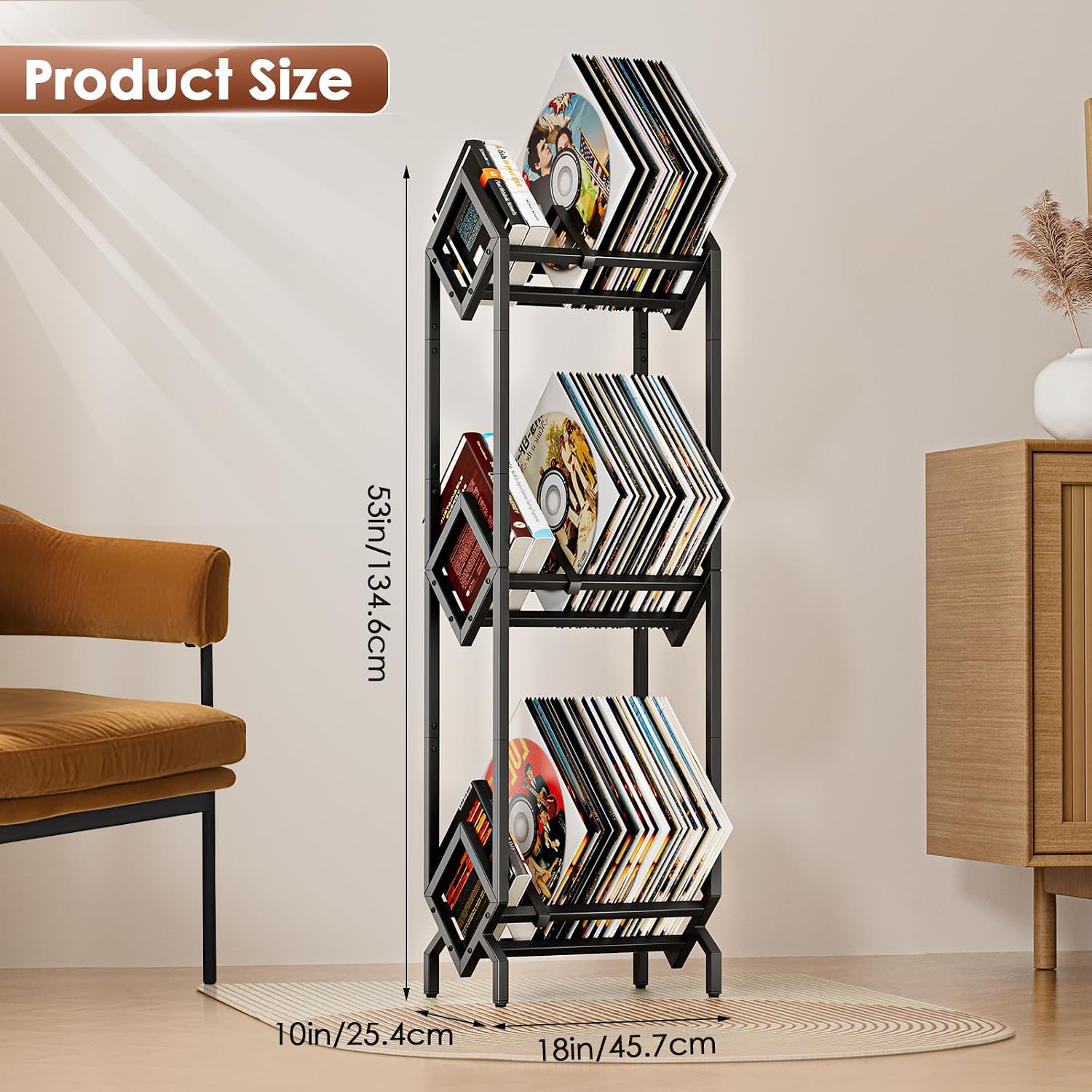 Vinyl Record Storage Rack, Record Holder 260-280 LP Storage Shelf Display Stand for Albums Books Magazines Files, Black