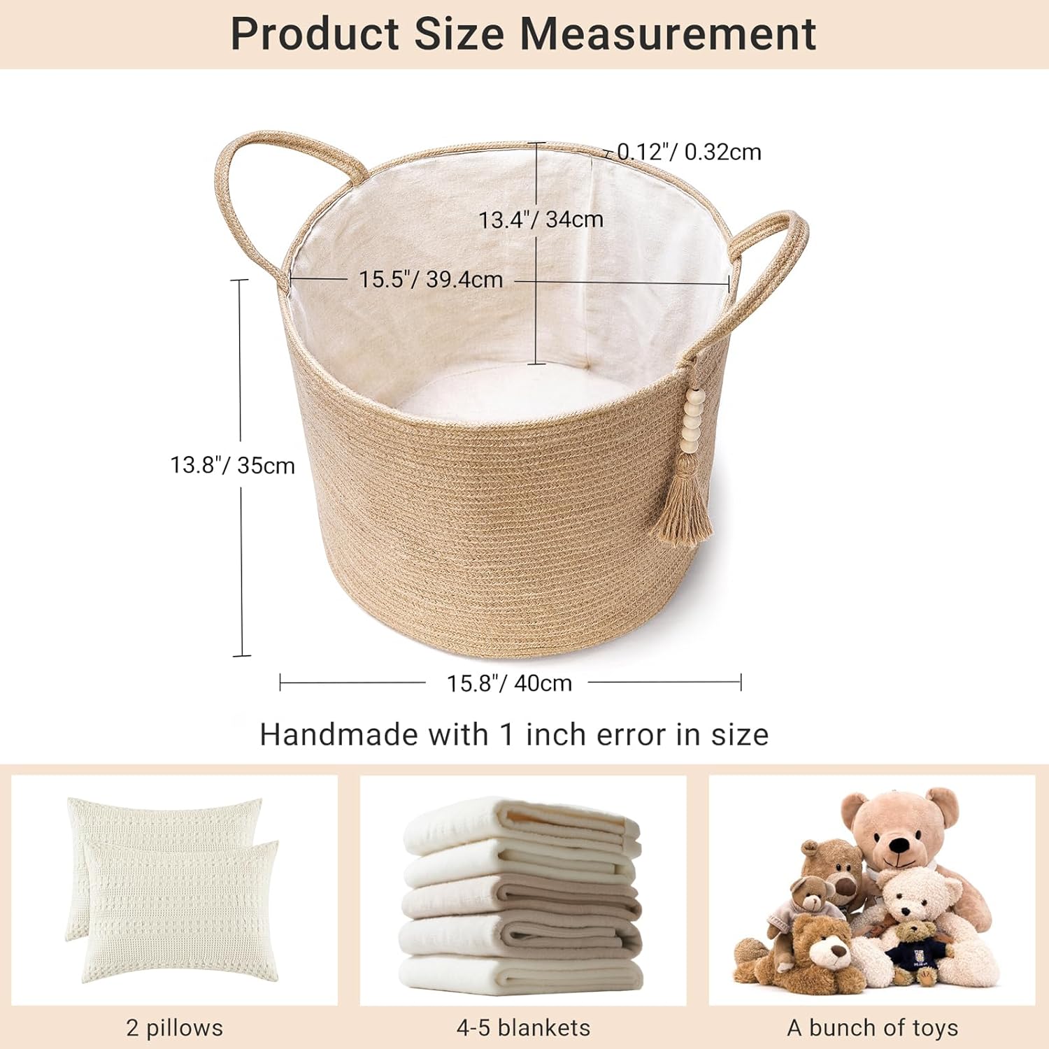Woven Storage Basket Decorative Natural Rope Basket Wooden Bead Decoration / Brown / 16" W x 13.8"L