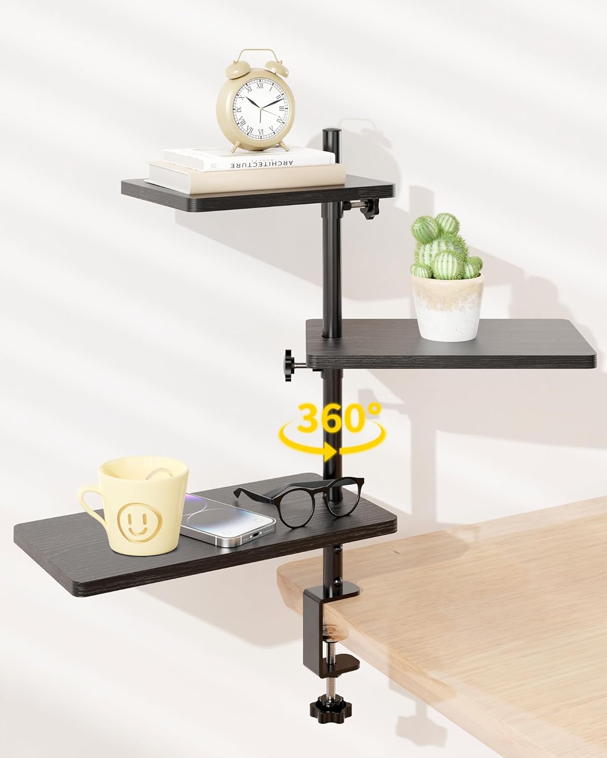 3 Tiers Clamp On Desk Shelf, 360° Angle Adjustable Desktop Shelf Organizer for Home Office Gaming Room, No Drill Desk