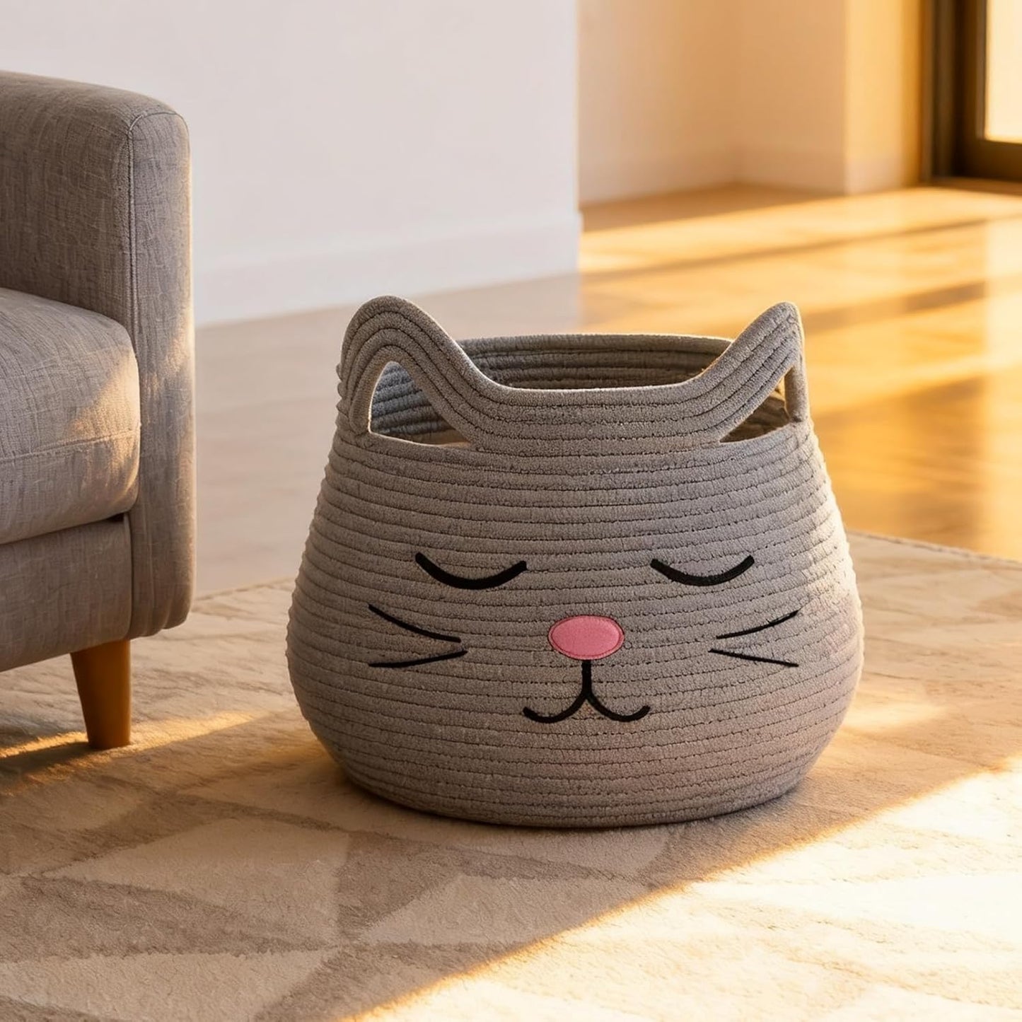 Animal Baskets Large Woven Cotton Rope Storage / Grey / Cute Grey Cat