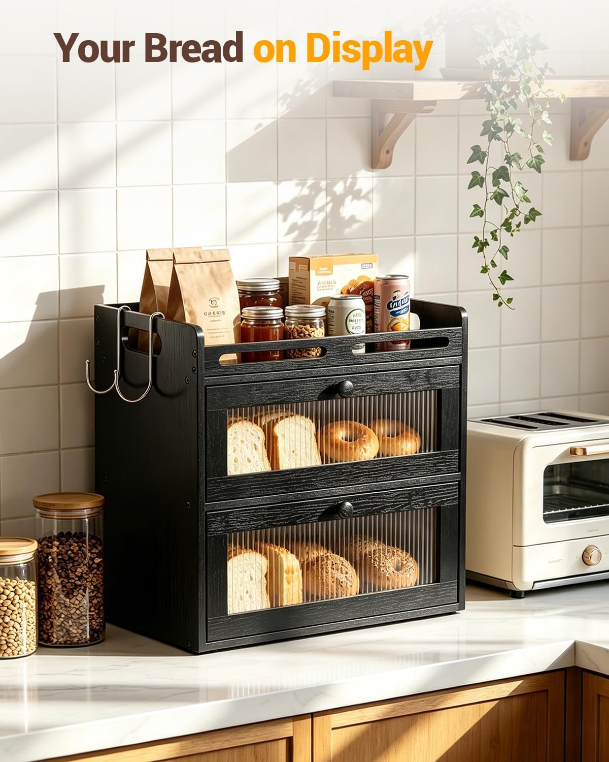 Bread Box for Kitchen Countertop, 2-Tier Bamboo Storage with Raised Shelf | Black, Large Bread Container, 2 Banana