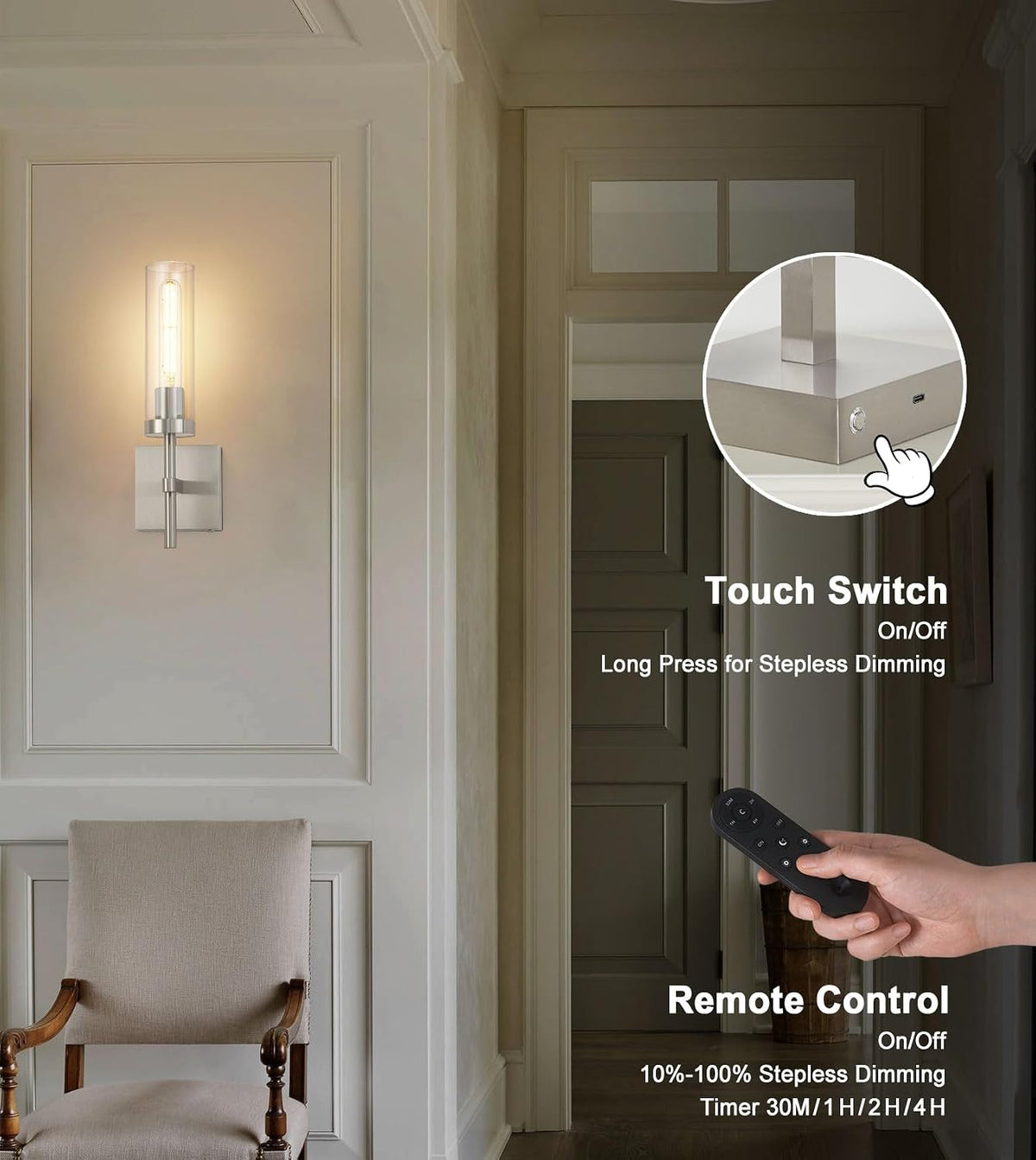 Brushed Nickel Battery Operated Wall Sconces with Remote Control, Wireless Wall Sconce Set of 2, Rechargeable Cordless
