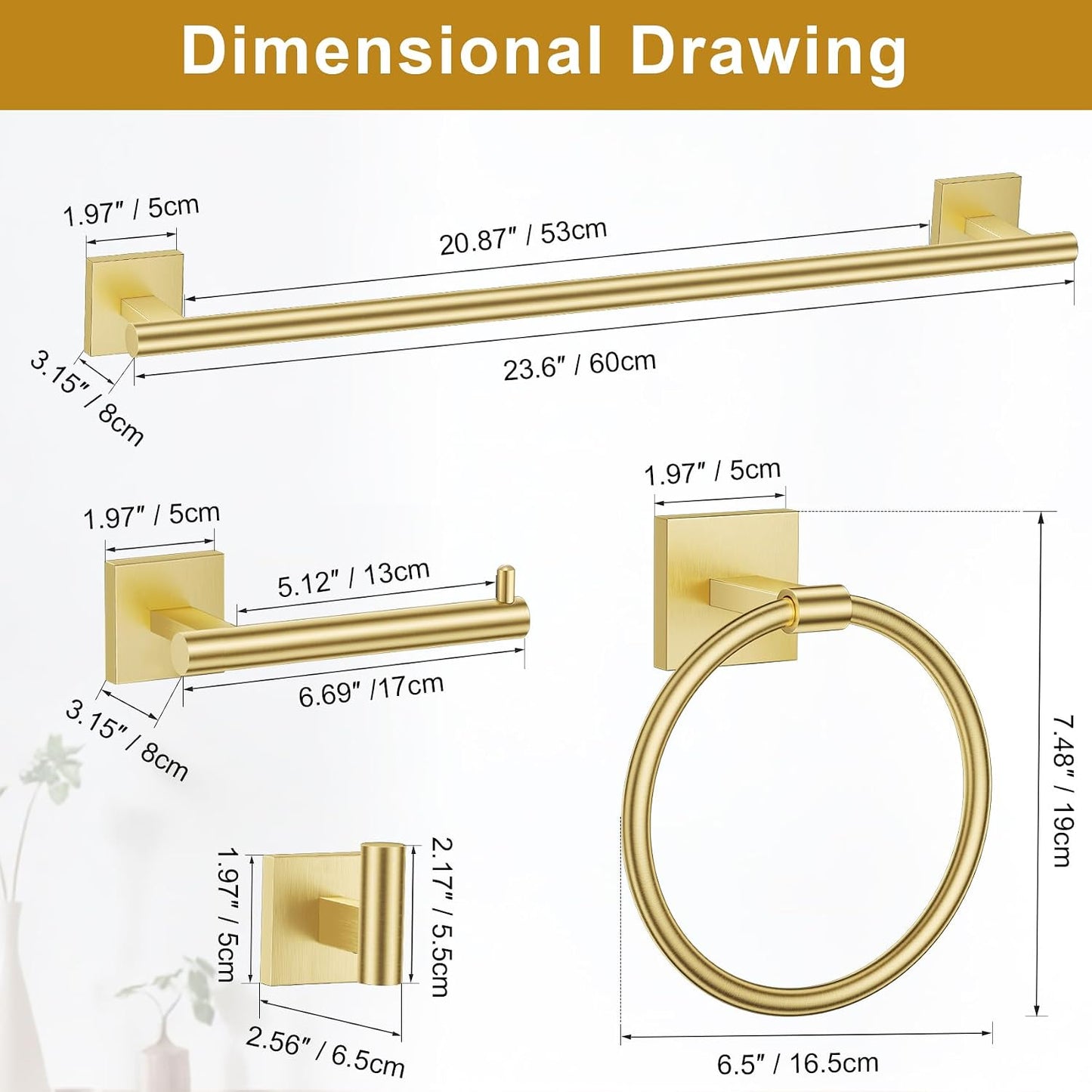 Brushed Gold Toilet Paper Holder Towel Bar Set, 5 Pieces Bathroom Hardware Accessories Set, 23.6 Inch Stainless Steel