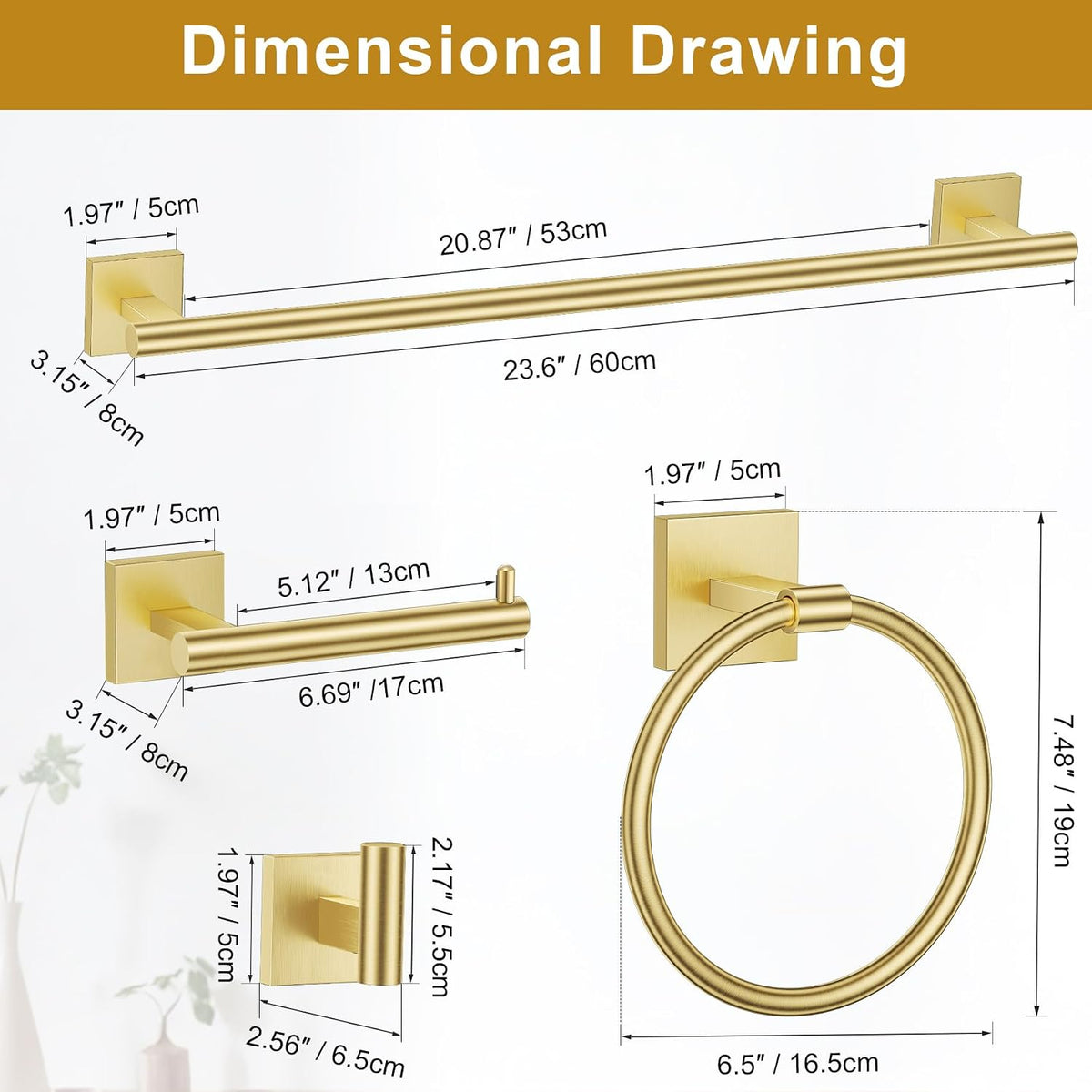 Brushed Gold Bathroom Hardware Accessories Towel Bar Set, 10 Pieces Bathroom Towel Bar Holder Set, 23.6 Inch Stainless