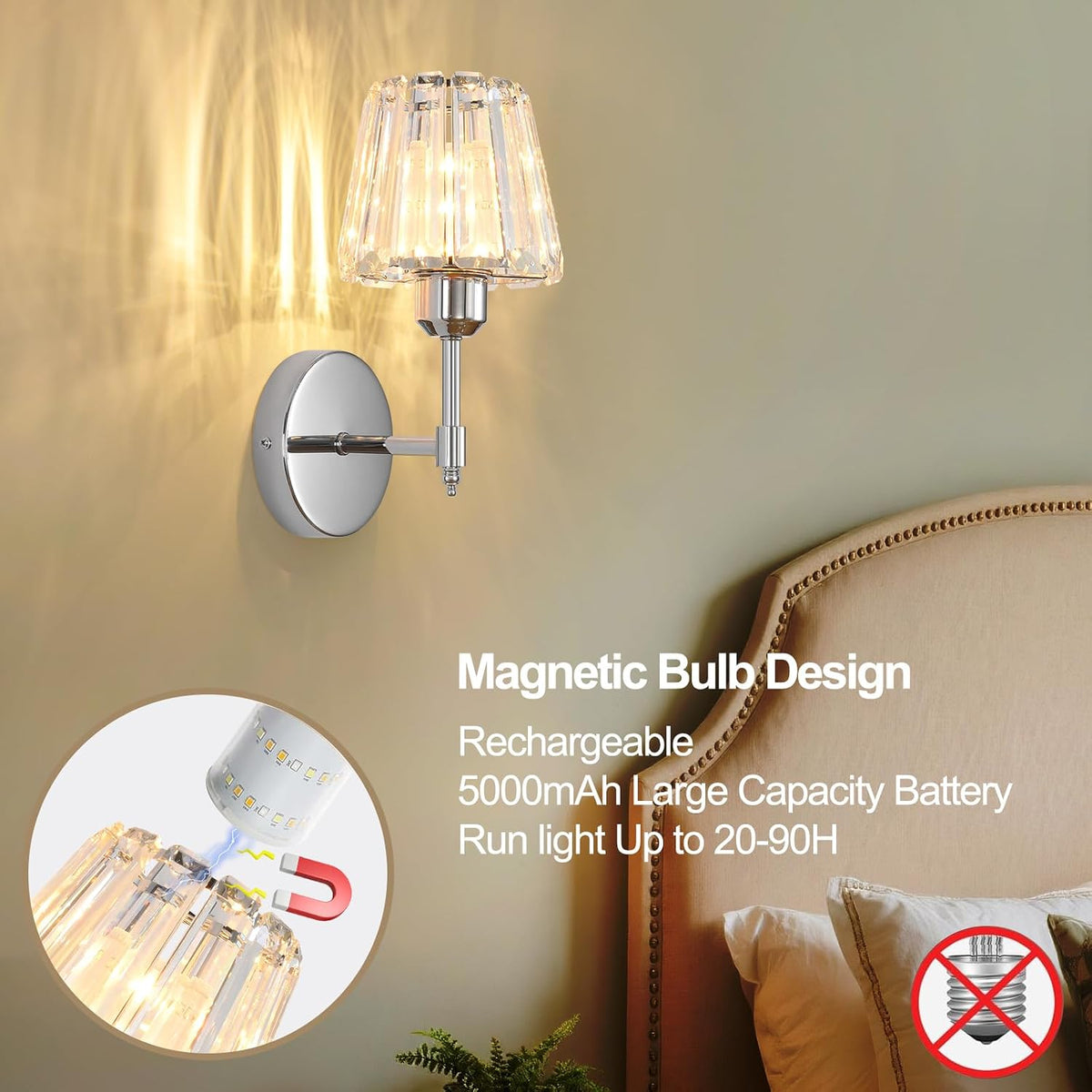 Battery Operated Crystal Wall Sconce Set of 2, Chrome Rechargeable Wireless Wall Sconces with Remote Dimmable 12 Colors