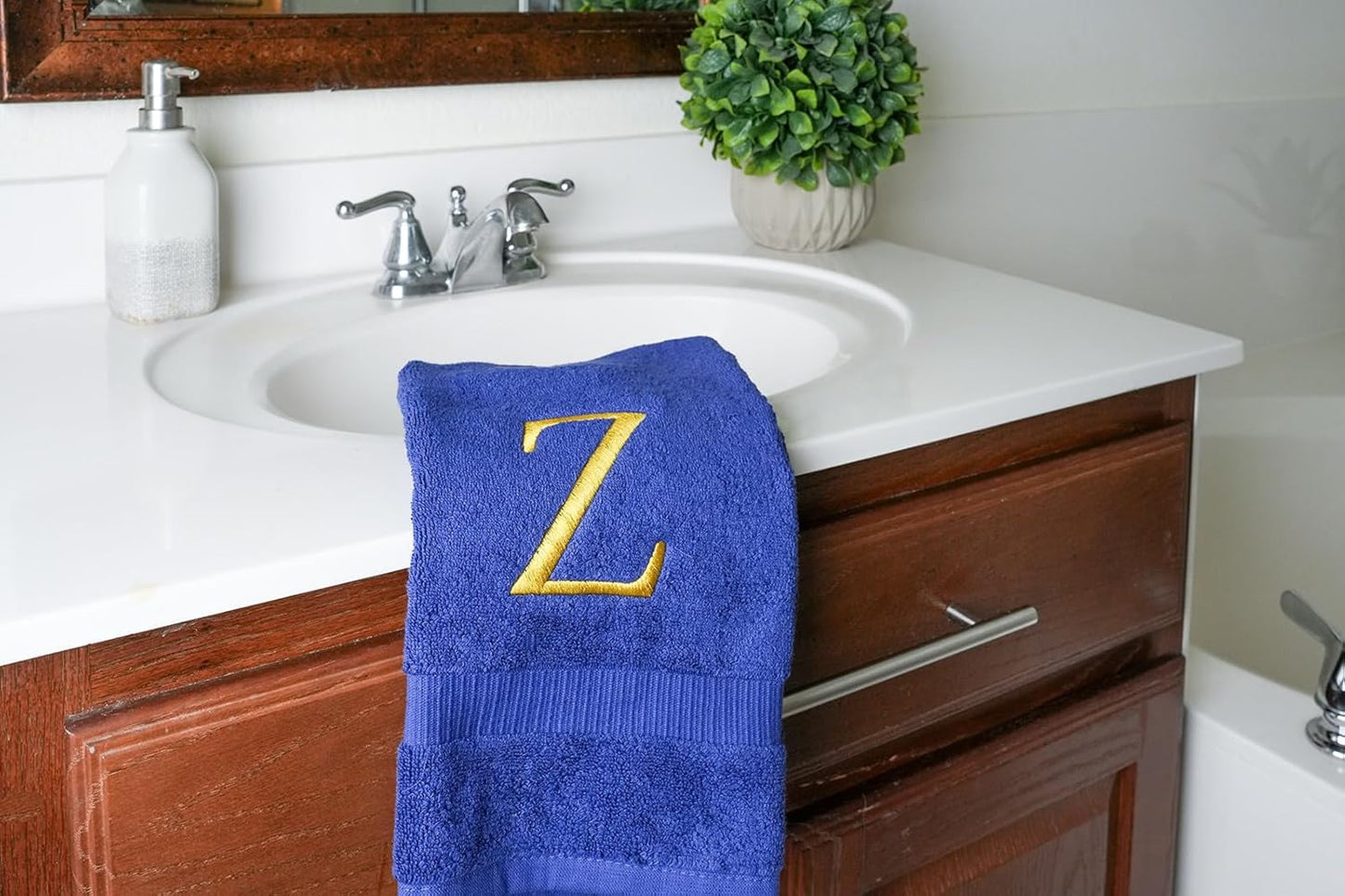 Navy with Gold Monogrammed Hand Towels for Bathroom - Set of 2 Letter Z | Luxury Hotel Quality Initial Towels For