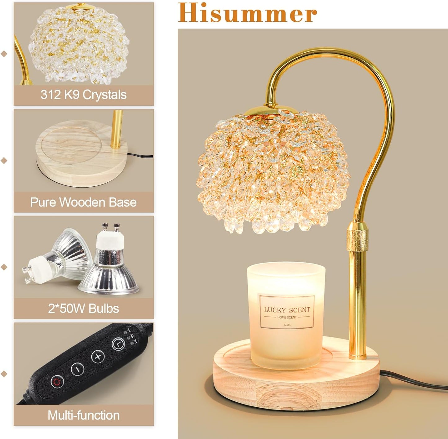 Hisummer Candle Warmer Lamp with Timer, Dimmable Candle Lamp Warmer with 312 K9 Crystals Adjustable Height Electric