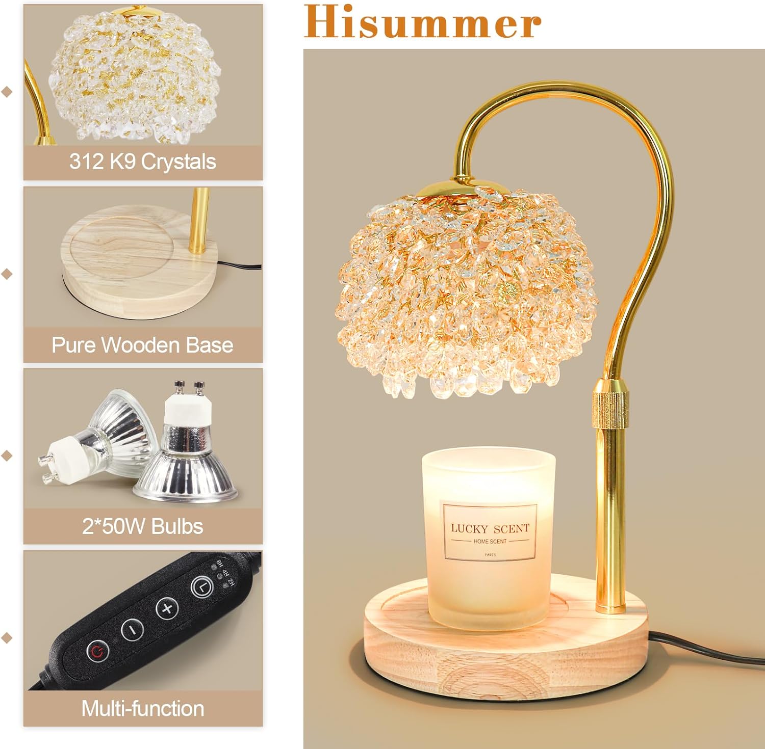Hisummer Candle Warmer Lamp with Timer, Dimmable Candle Lamp Warmer with 312 K9 Crystals Adjustable Height Electric