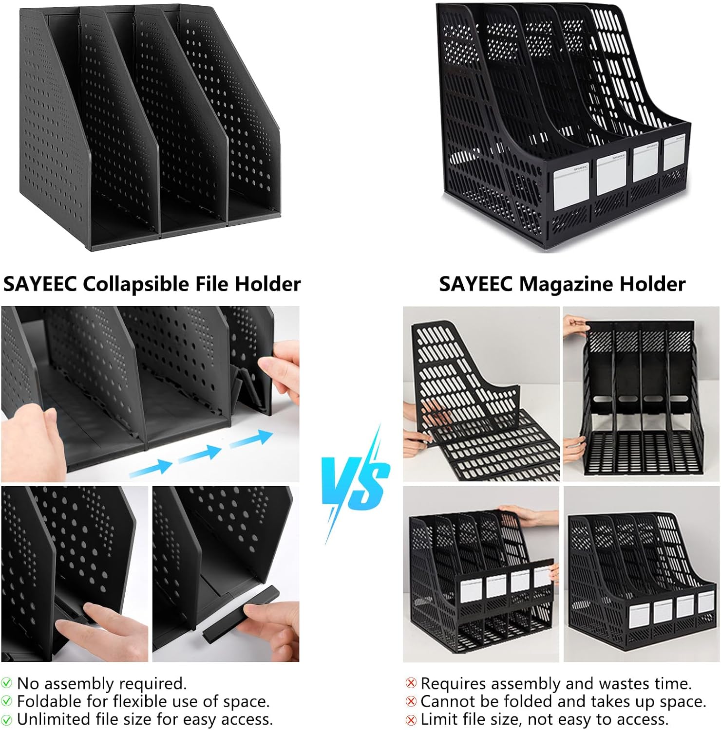 SAYEEC 2Pcs Collapsible Plastic Magazine File Holder Vertical Binder Storage Organizer for Desk Sturdy Upright Desktop