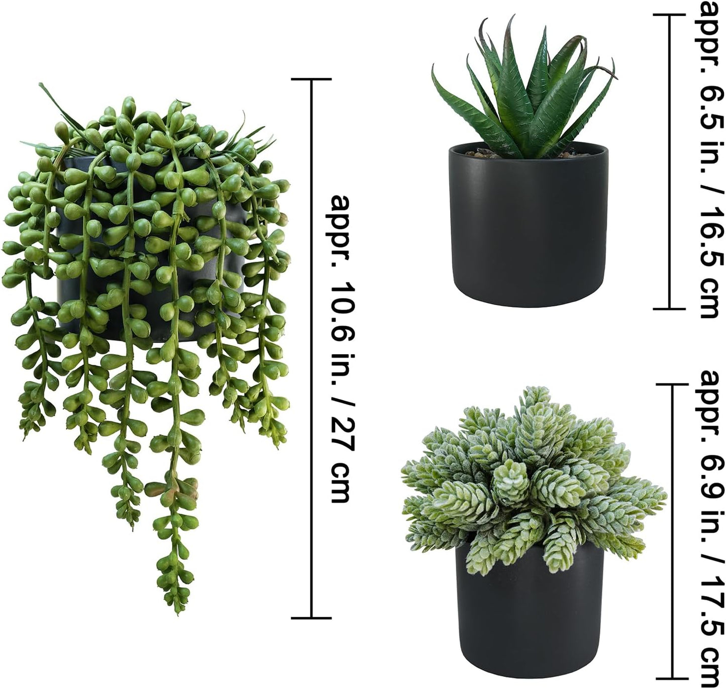 Small Artificial Potted Succulent Plants Faux Aloe Hops String / Black Ceramic Pots / Set of 3