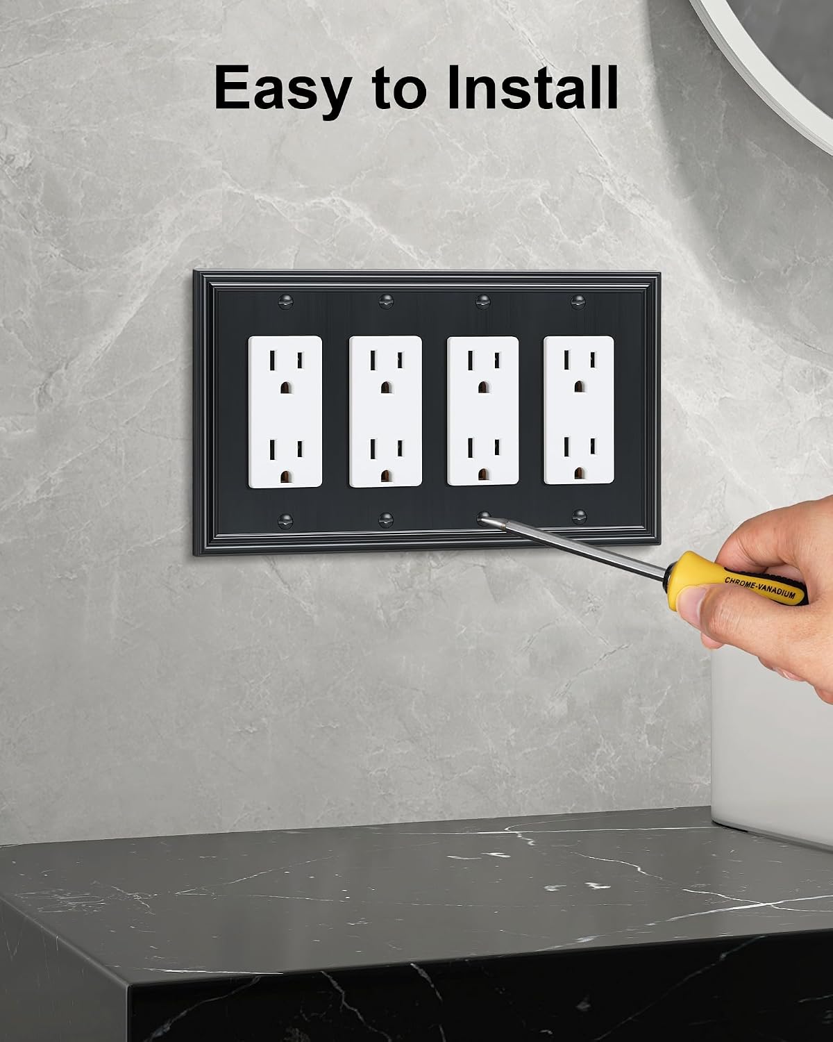 2-Pack Zinc Alloy Quad Decorator Outlet Cover Plate, Solid Wall Plates | Decorative Switch Plates and Outlet Covers, 4