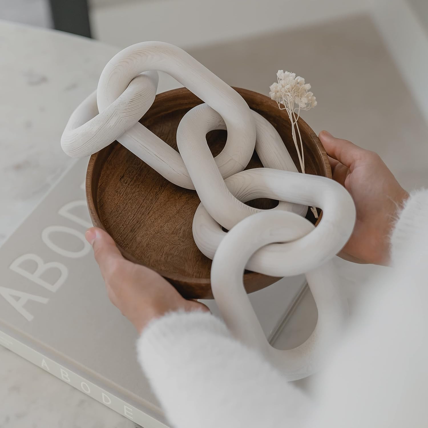 Book Shelf / Wood Chain Link Decor / Whitewashed / 5-link / White