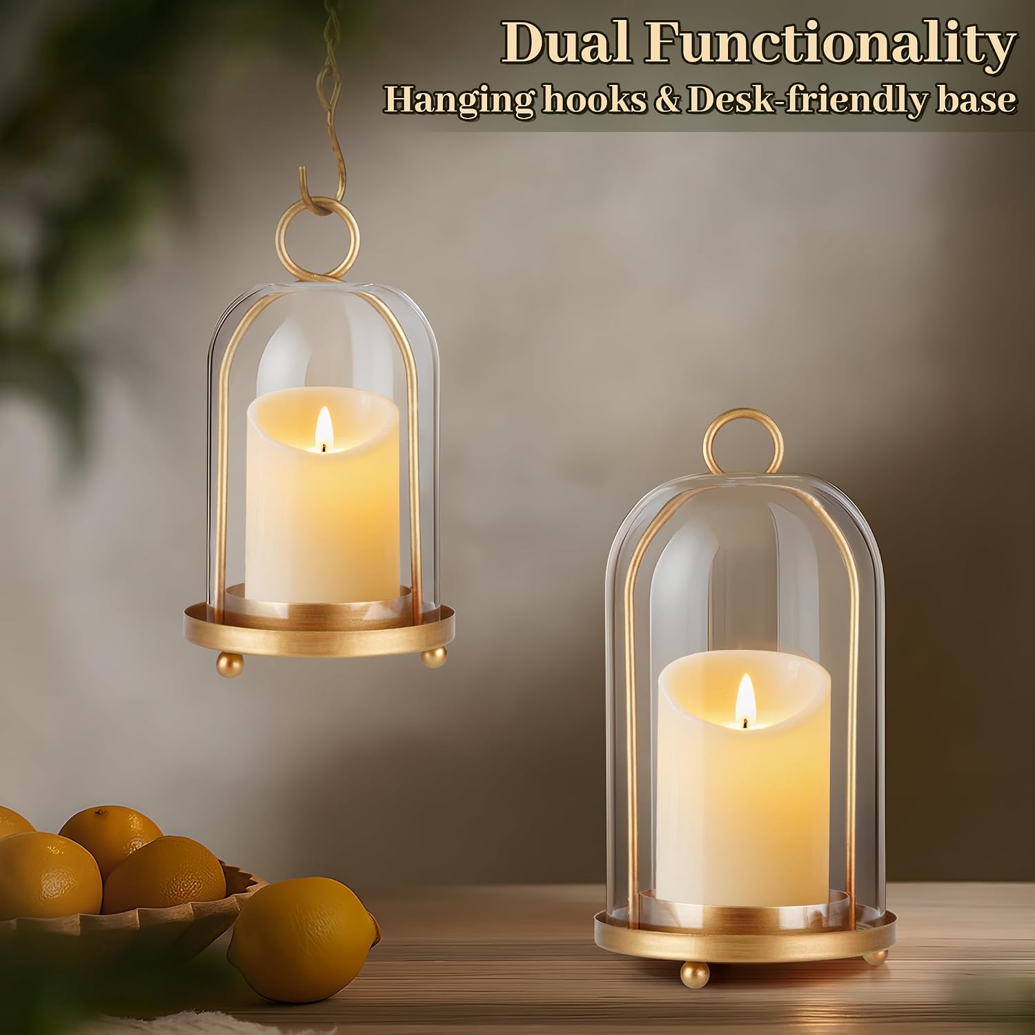 Glass Hurricane Candle Holder Decorative Golden Candle Lantern | Pillar Candlestick Holders Set of 2, Hanging Metal