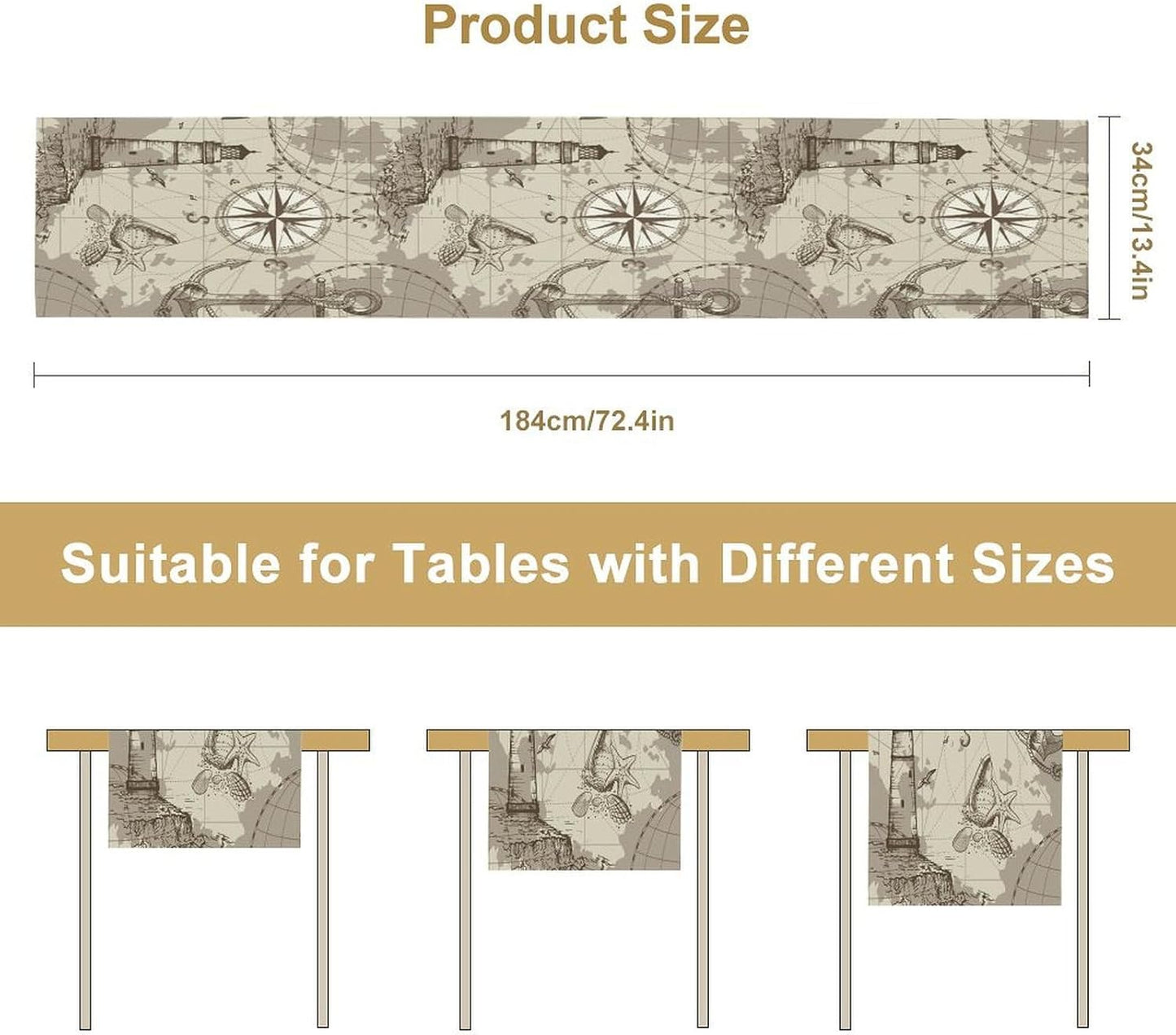 Nautical Sailboat Map Table Runner, Sketch Pirate Ship Wheel Compass Patterns Printed Linen Table Runner for Home