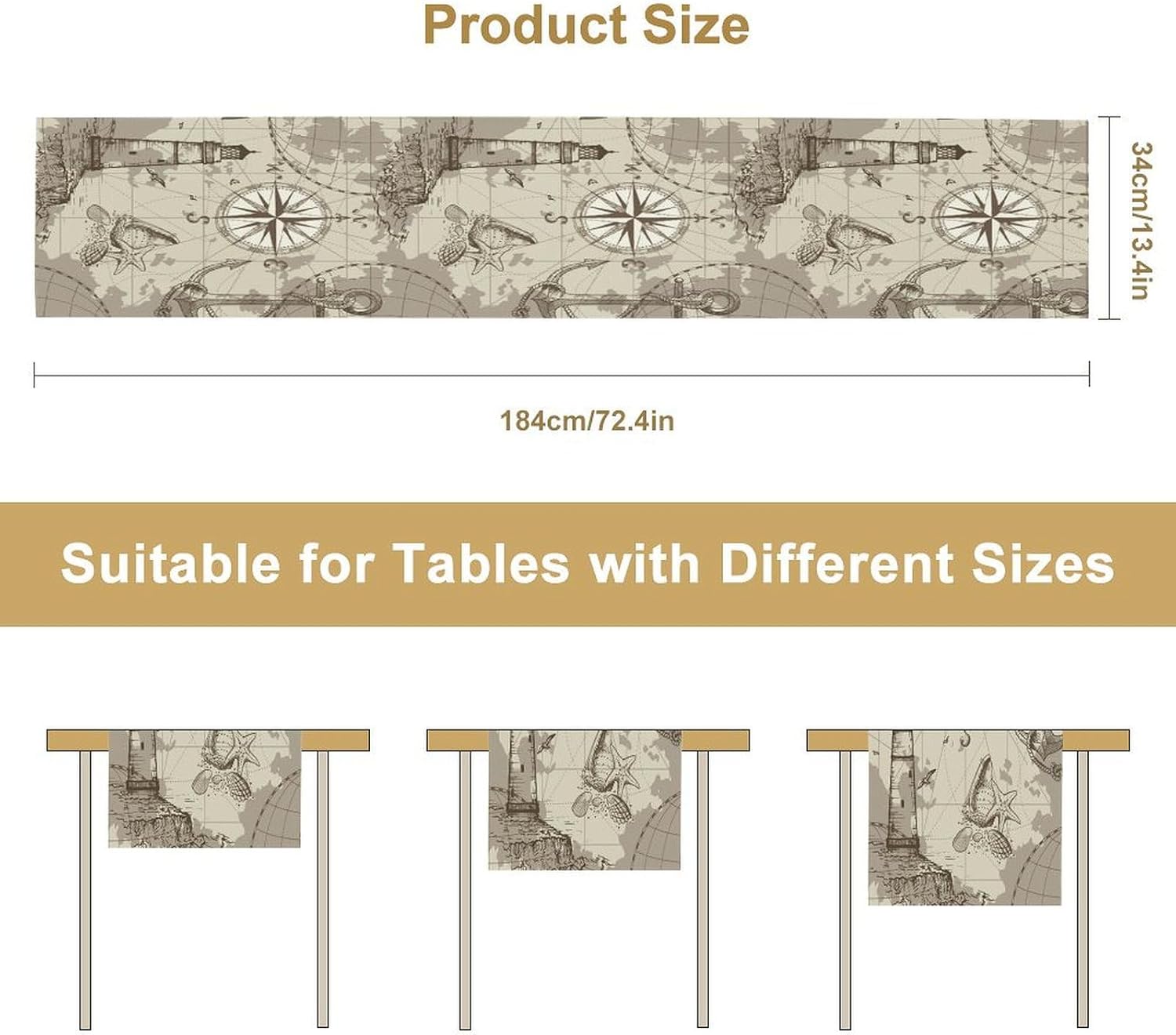 Nautical Sailboat Map Table Runner, Sketch Pirate Ship Wheel Compass Patterns Printed Linen Table Runner for Home