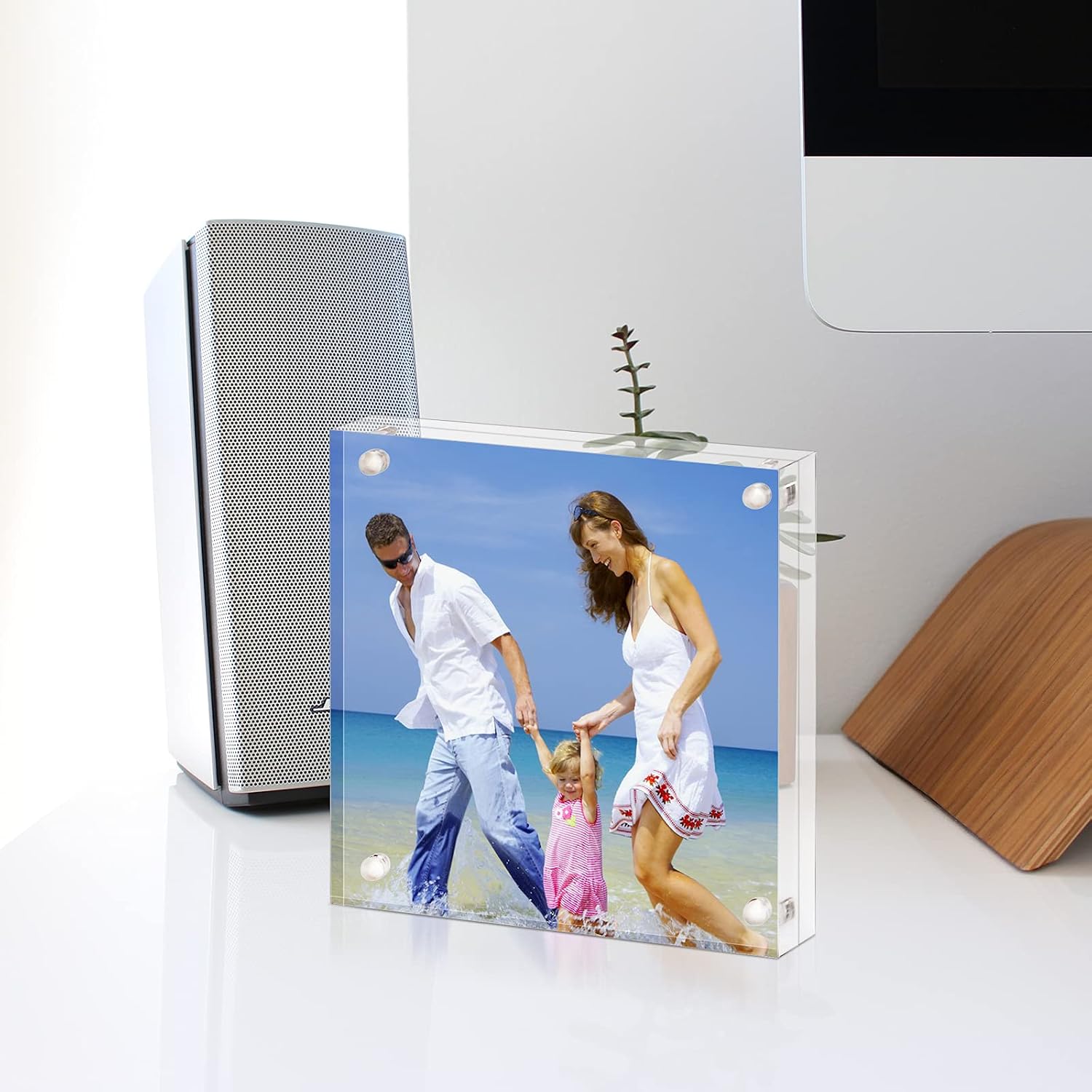AMEITECH 4x4 Acrylic Picture Frame, Clear Double Sided Block Acrylic Photo Frames, Desktop Frameless Magnetic Photo