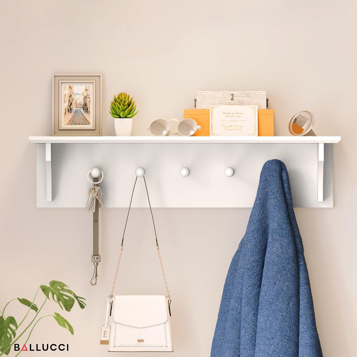 Ballucci Floating Coat and Hat Wall Shelf Rack, 5 Pegs Hook, 24", White