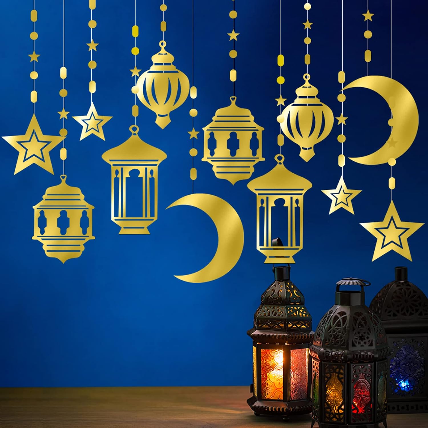 Gold Ramadan Star-Moon Party-Decorations Garland / Gold Star Moon / Set of 12