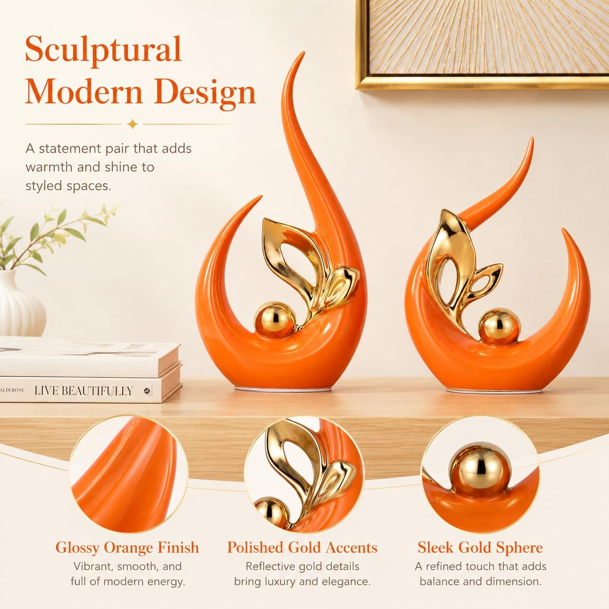 Burnt Gold Ceramic Statues / Orange